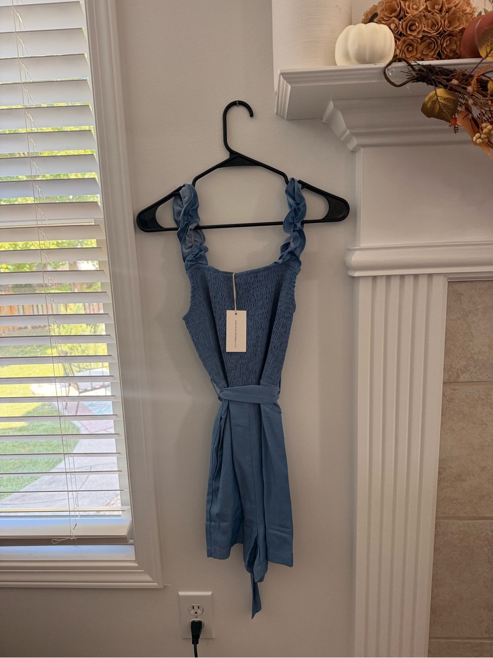 Blue Ruffled Strap Women's Romper with Waist Tie